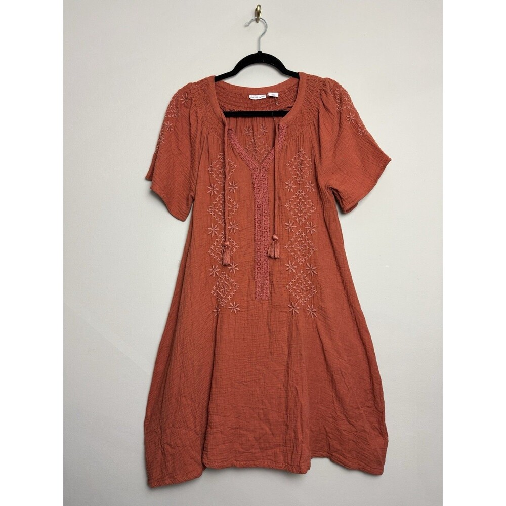 Lucky Brand Womens Dress Sz XS Short Sleeve Cotton Shirtdress Brown Embroidered